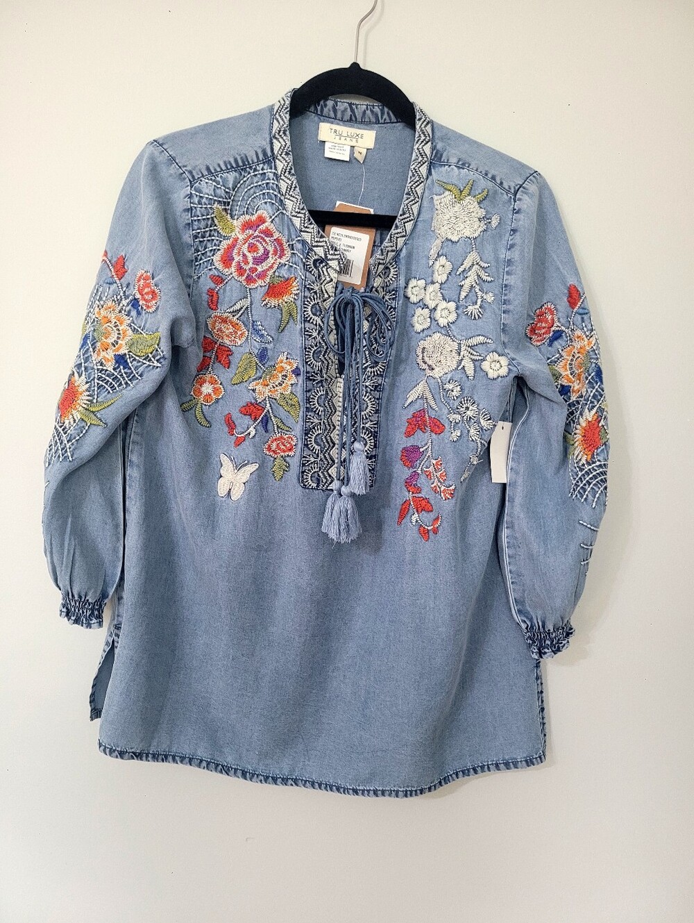 Boho Beauty Light Blue Denim Tunic with Multicolor Floral Embroidery